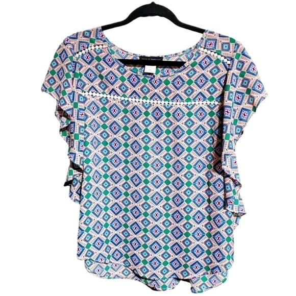 Jennie & Marlis petite M Geometric design flowy butterfly sleeve blouse - Picture 1 of 9